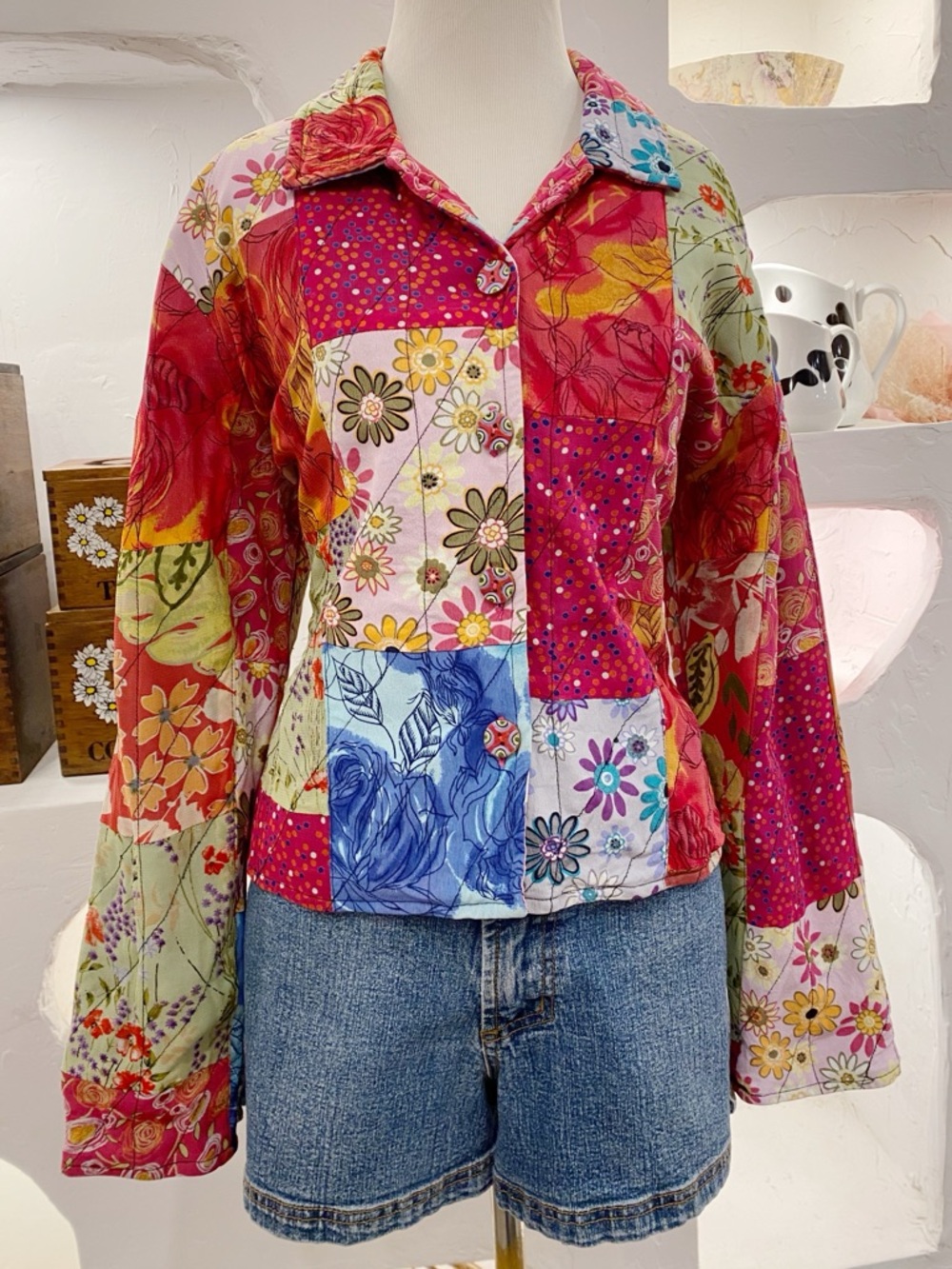 Colourful Floral Rayon Patchwork Lightweight Collared Jacket Made in India